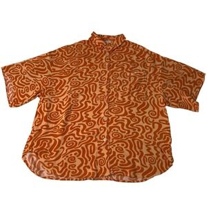 MONKI Orange Abstract Swirl Print Short Sleeve Button Up Shirt Top Size M
